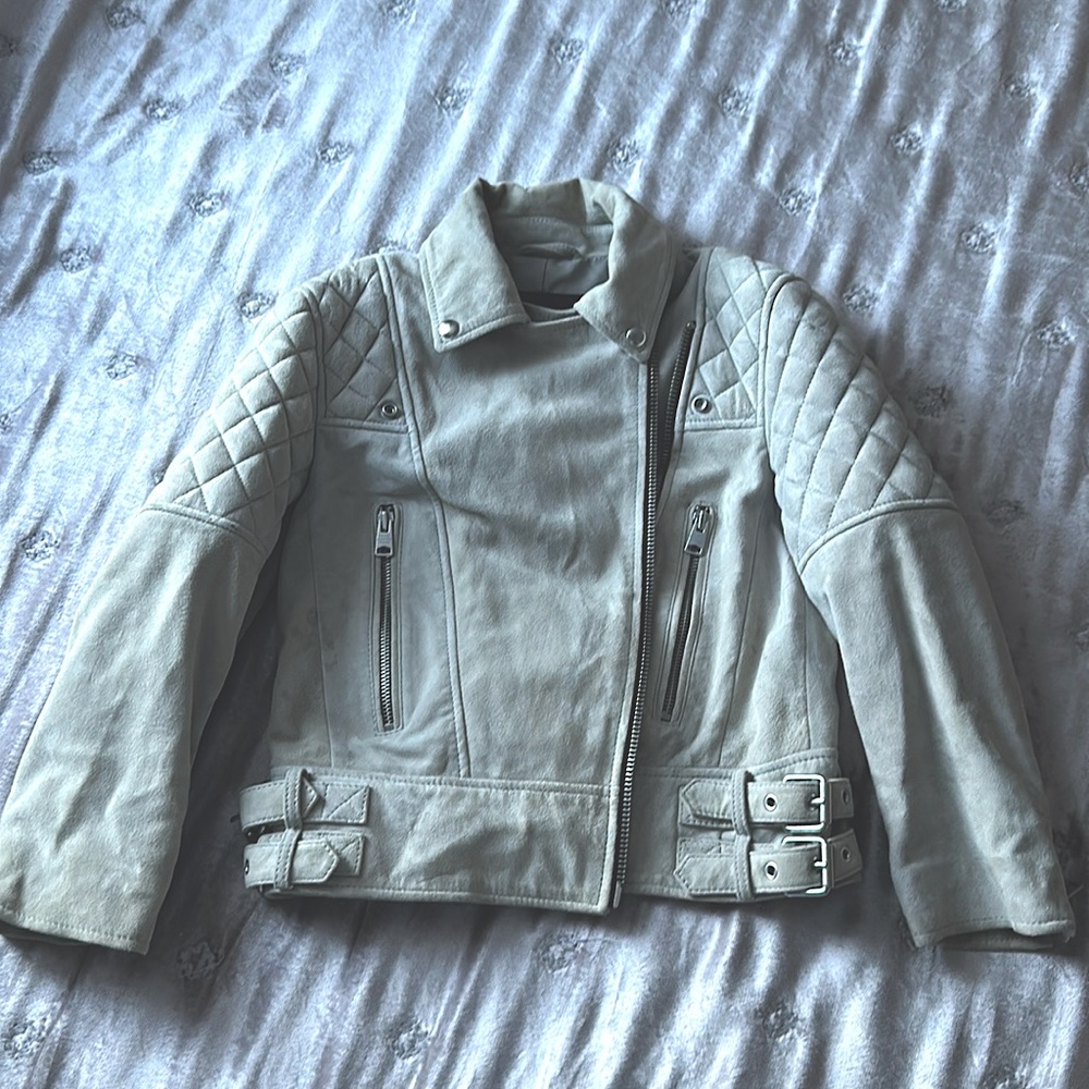 ALLSAINTS Suede Beattie Biker Jacket - Size US 0 - Color: gray/beige